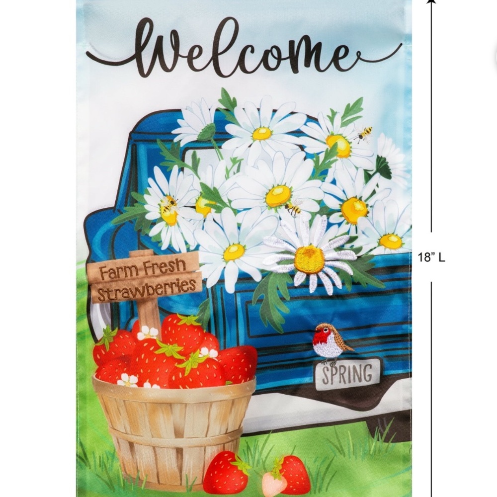Welcome Garden Flag with Blue Truck and Daisies